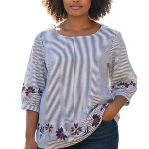 Eloquii Blouse Tunic Top Plus14 Blue White Pinstriped Floral Embroidered Boho